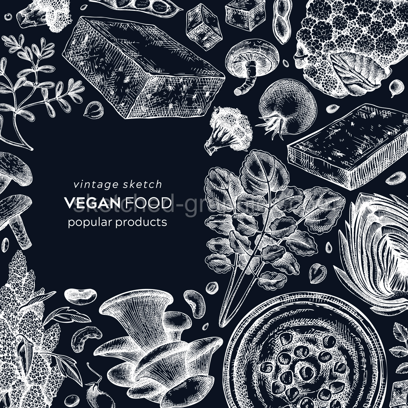 Vegan food sketched card on chalkboard. Healthy food banner template. Middle eastern cuisine frame. Hand-drawn vegan meals and ingredients for menu, recipe, and packaging design. Vegan food sketches Illustration